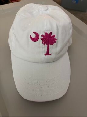 White Baseball Cap with Pink Palm Tree & Crescent Embroidery